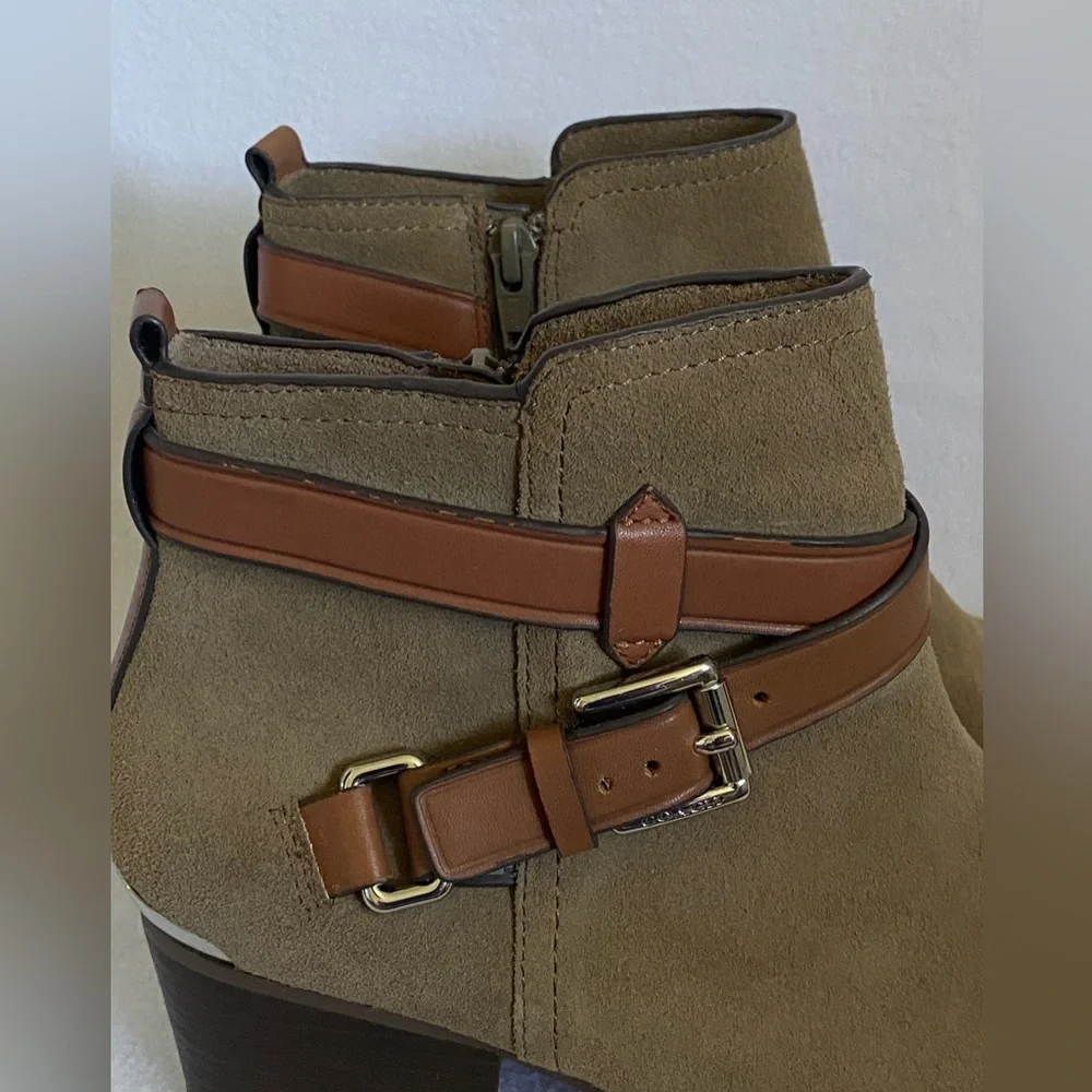 Coach Tan and Brown Ankle Boots with Leather Straps - Picture 3 of 11